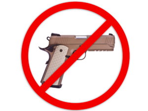 A gun in a red circle with a strike through it.